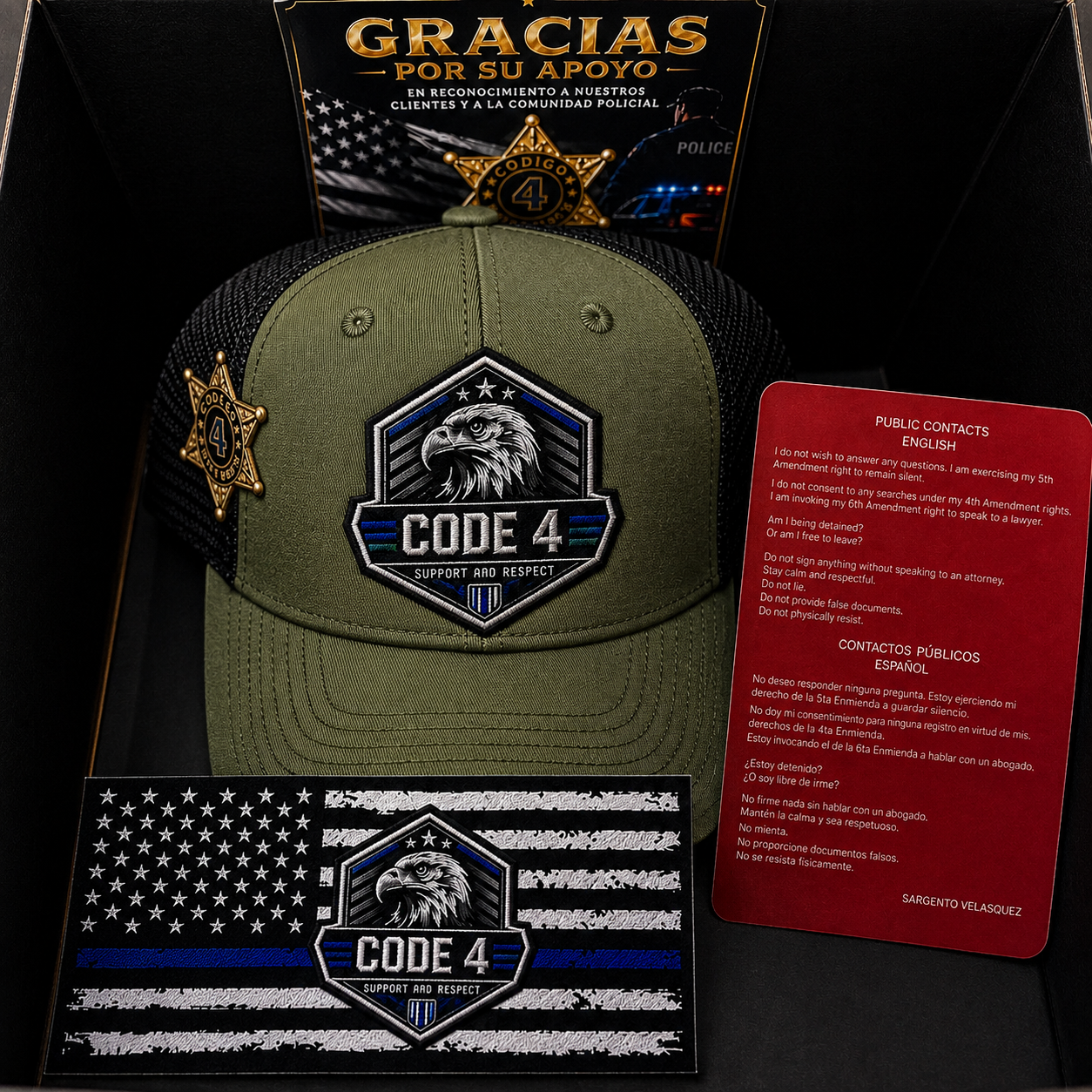 Kit Gorra Código 4 Premium Pin + 3 Tarjetas rojas + 2 Stickers color verde militar