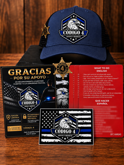 Kit Gorra Código 4 Premium Pin + 3 Tarjetas rojas + 2 Stickers